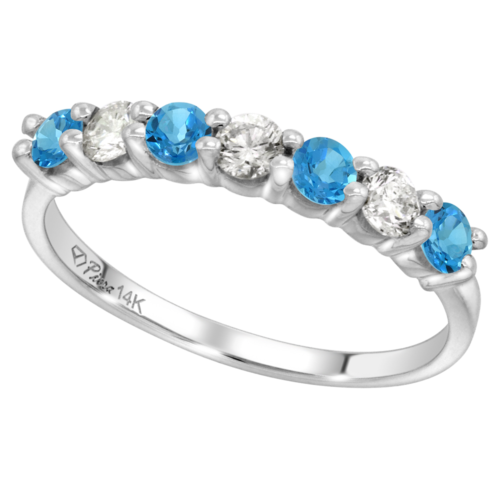14k White Gold Genuine Swiss Blue Topaz & Diamond 7-Stone Ring Round Brilliant cut 0.35cttw 3mm,size 5-10