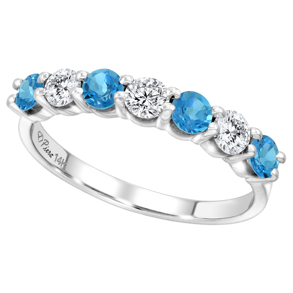 14k White Gold Genuine Swiss Blue Topaz & Diamond 7-Stone Ring Round Brilliantcut 0.77cttw 4.1mm,size5-10