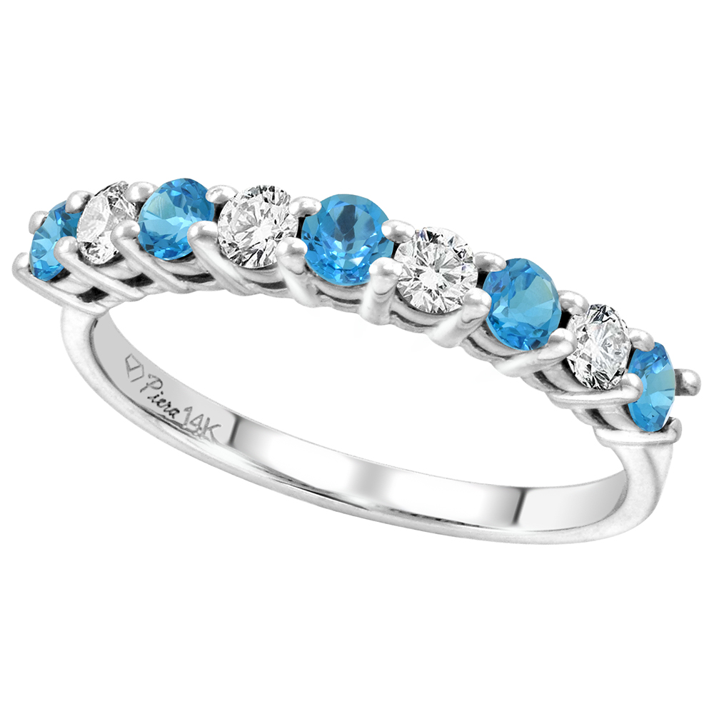 14k White Gold Diamond & Genuine Swiss Blue Topaz 9-Stone Ring Round Brilliant cut 0.4cttw 2.8mm,size5-10