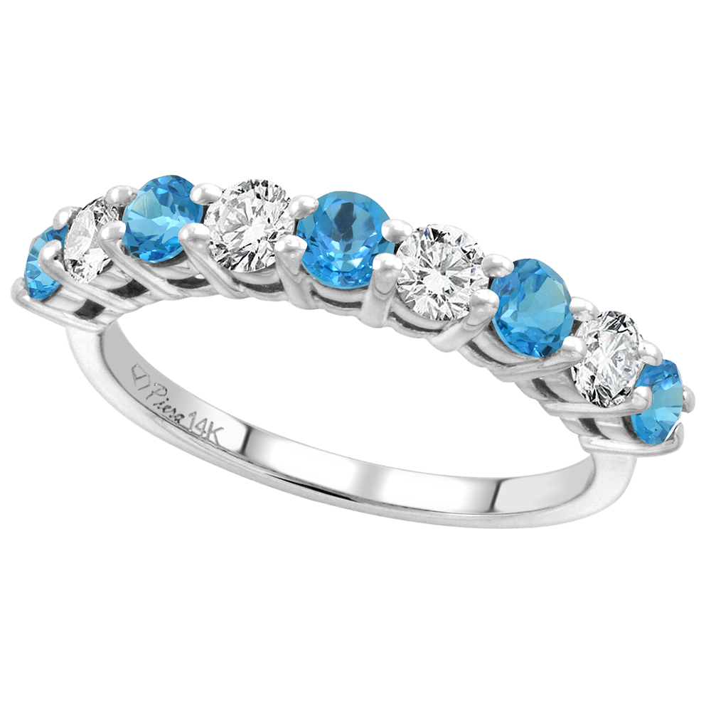 14k White Gold Diamond & Genuine Swiss Blue Topaz 9-Stone Ring Round Brilliant cut 0.52 ct 3.1mm,size5-10