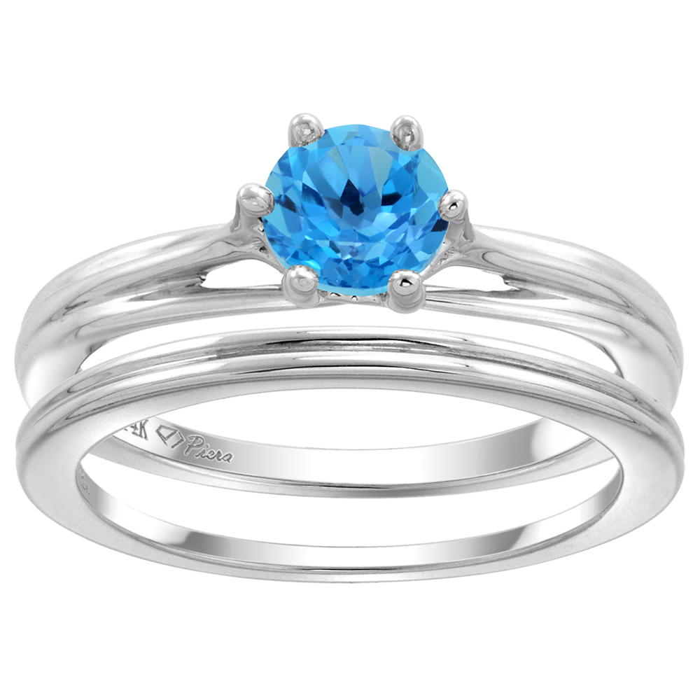 14k White Gold Genuine Swiss Blue Topaz Solitaire Engagement 2pc Ring Set Round 6mm, size 5-10