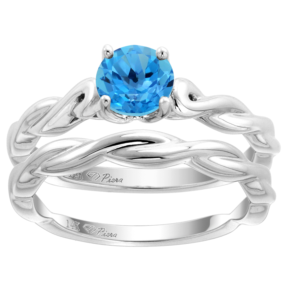 14k White Gold Genuine Swiss Blue Topaz 2pc Solitaire Engagement Ring Set Round 6mm Twisted, size 5-10