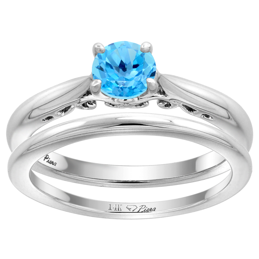 14k White Gold Genuine Swiss Blue Topaz Solitaire Engagement 2pc Ring Set Round 6mm, size 5-10