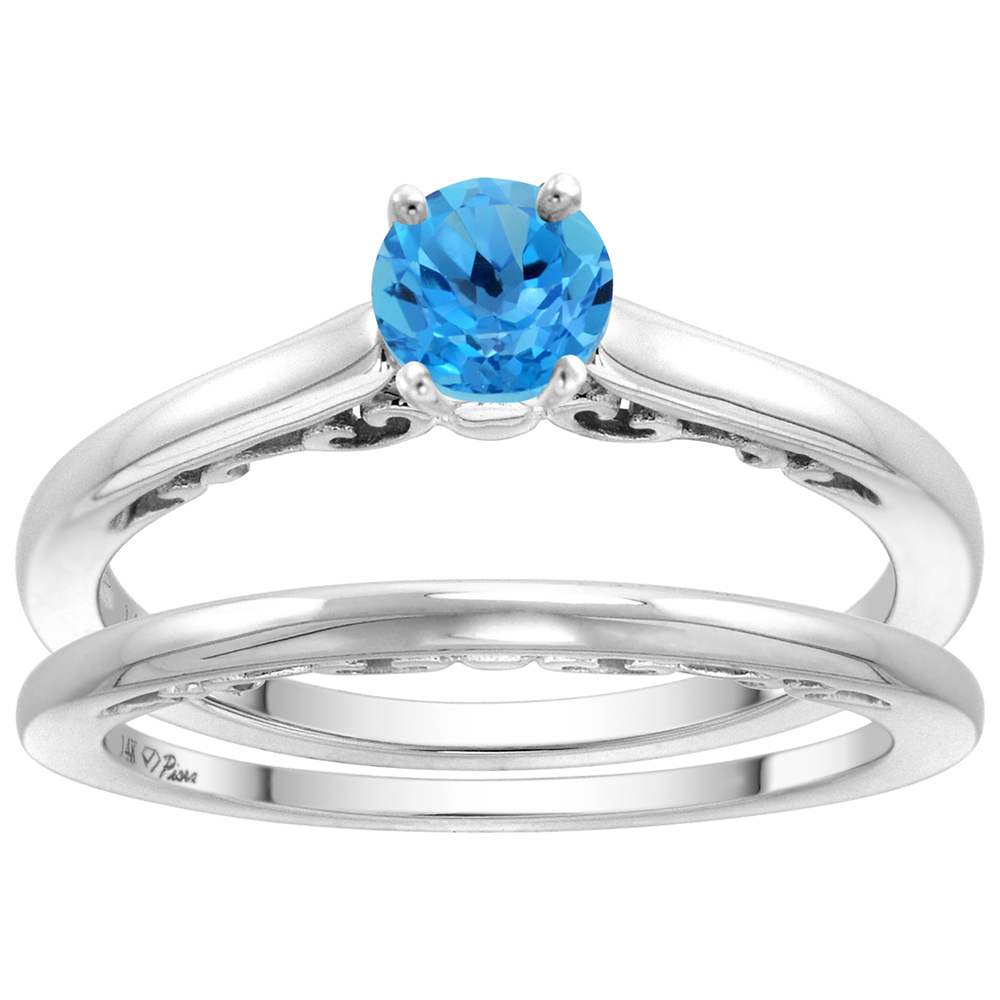 14k White Gold Genuine Swiss Blue Topaz Solitaire Engagement 2pc Ring Set Round 4mm, size 5-10