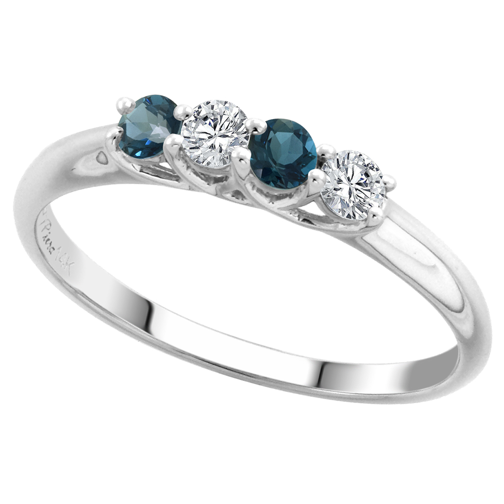 14k White Gold Genuine London Blue Topaz & Diamond 4-Stone Ring Round Brilliant cut 0.17ct 2.7mm,size5-10