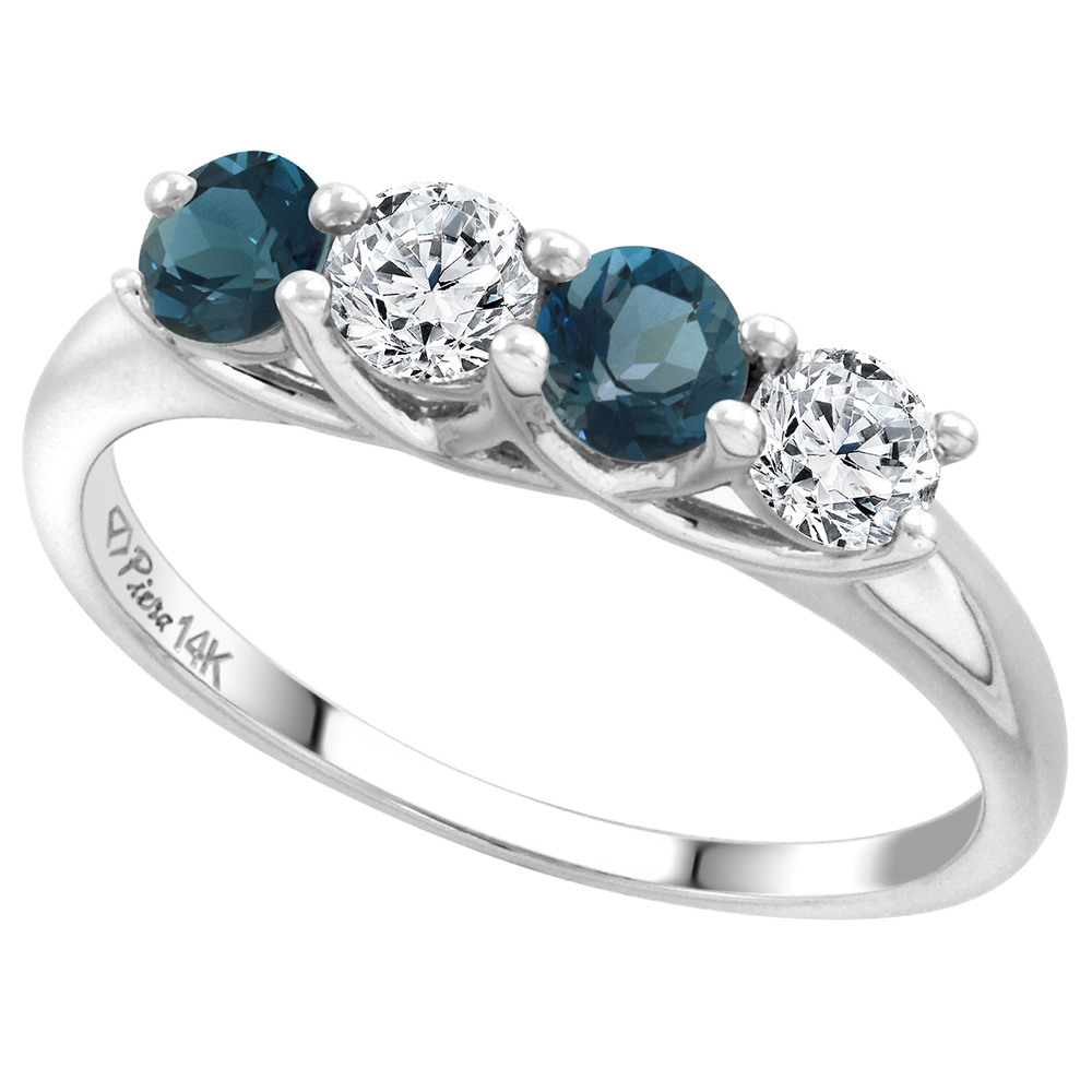 14k White Gold Genuine London Blue Topaz & Diamond 4-Stone Ring Round Brilliantcut 0.4ct 3.7mm size 5-10