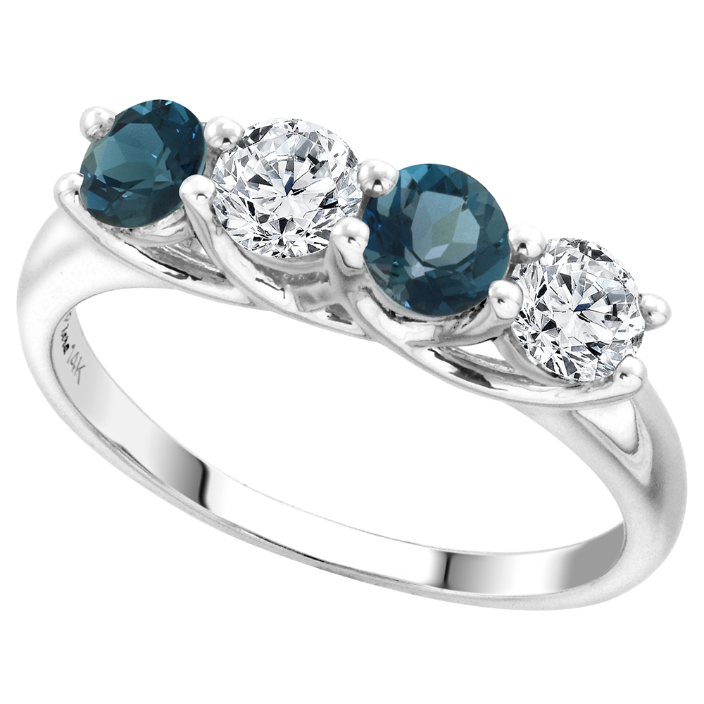 14k White Gold Genuine London Blue Topaz & Diamond 4-Stone Ring Round Brilliantcut 0.5ct 4.1mm size 5-10