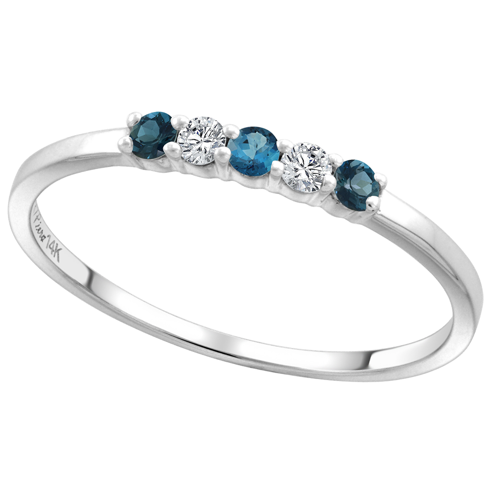 14k White Gold Genuine London Blue Topaz & Diamond 5-Stone Ring Round Brilliant cut 0.08cttw 2mm,size5-10
