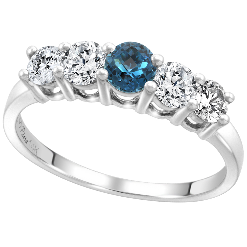 14k White Gold 0.6ct Diamond & Genuine London Blue Topaz 5-Stone Ring Round Brilliant cut 4mm,size 5-10