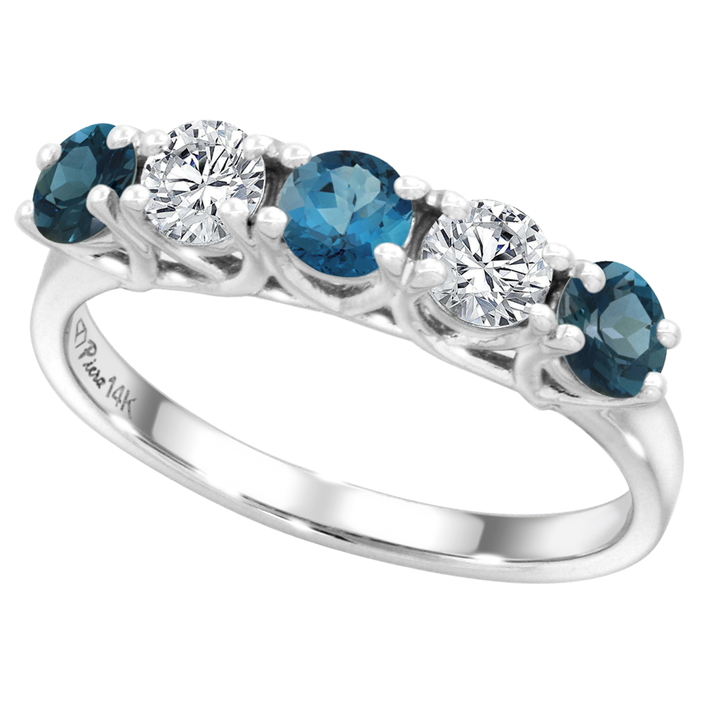 14k White Gold Genuine London Blue Topaz & Diamond 5-Stone Ring Round Brilliant cut 0.4ct 3.7mm,size5-10