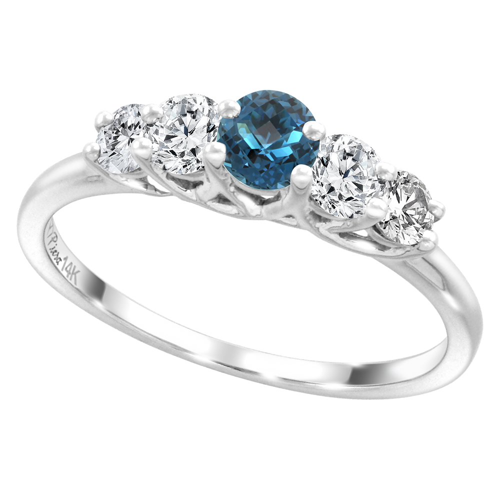 14k White Gold 0.4ct Diamond & Genuine London Blue Topaz 5-Stone Ring Round Brilliant cut 3.6mm,size5-10