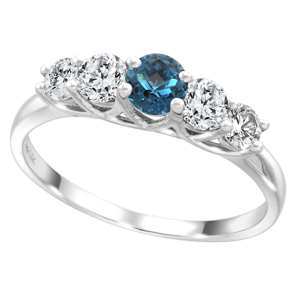 14k White Gold 0.6ct Diamond & Genuine London Blue Topaz 5-Stone Ring Round Brilliant cut 3.8mm, size5-10