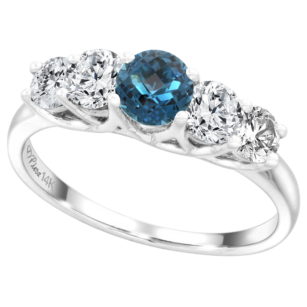 14k White Gold 0.7ct Diamond & Genuine London Blue Topaz 5-Stone Ring Round Briliant cut 4.8mm, size 5-10