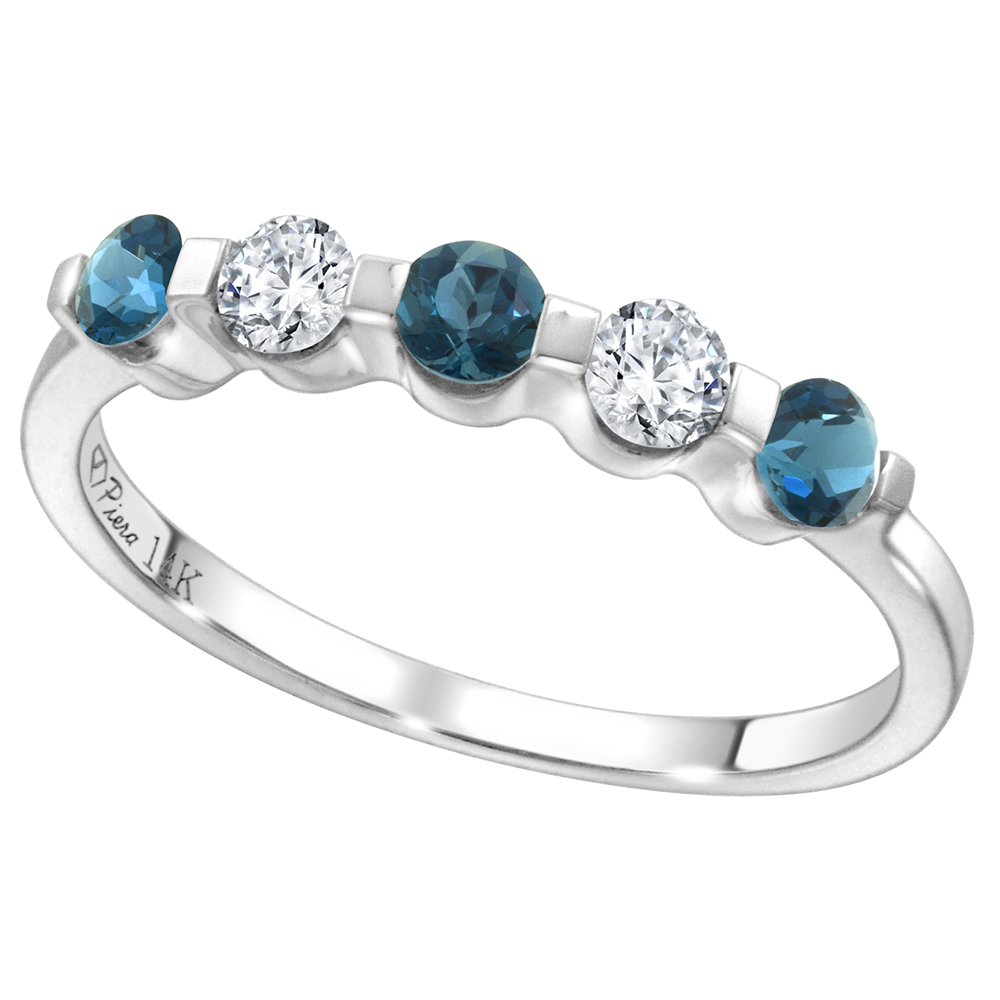 14k White Gold 0.23ct Diamond & Genuine London Blue Topaz 5-Stone Ring Round Brilliant cut 3mm, size 5-10