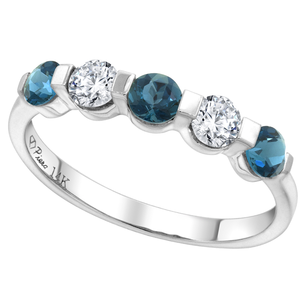 14k White Gold 0.33ct Diamond & Genuine London Blue Topaz 5-Stone Ring Round Brilliant cut 3.4mm,size5-10