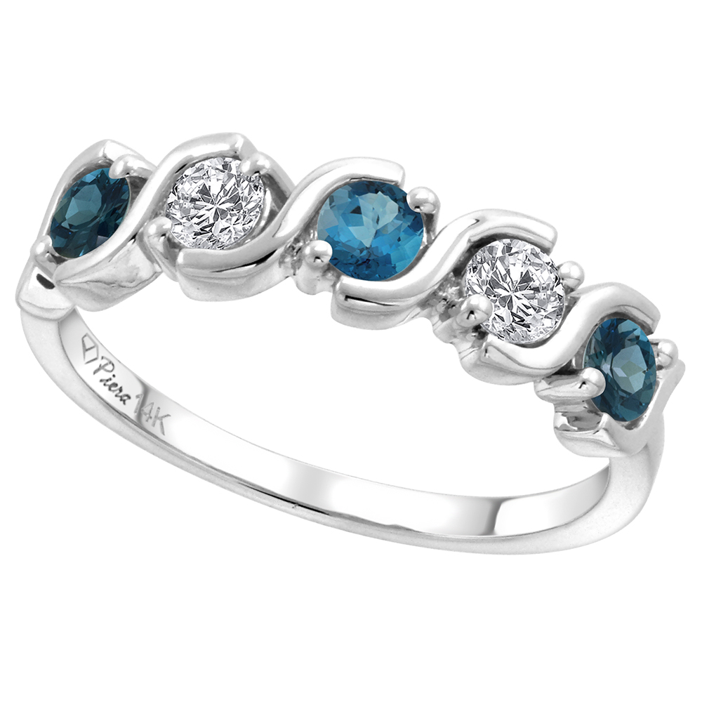 14k White Gold 5-Stone Diamond & London Blue Topaz Ring Round Brilliant cut 0.23 cttw 3mm, size 5-10