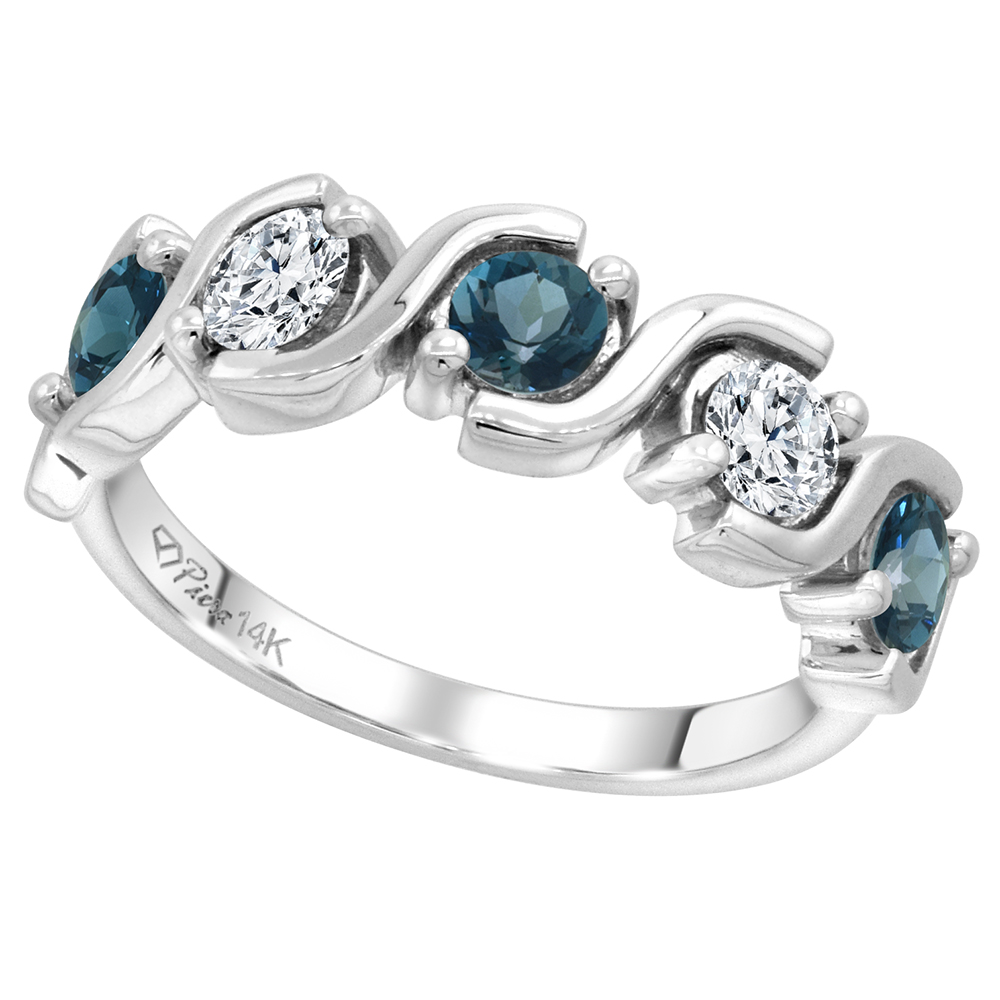 14k White Gold 5-Stone Genuine London Blue Topaz & Diamond Ring Round Brilliant cut 0.4ct 3.7mm,size5-10