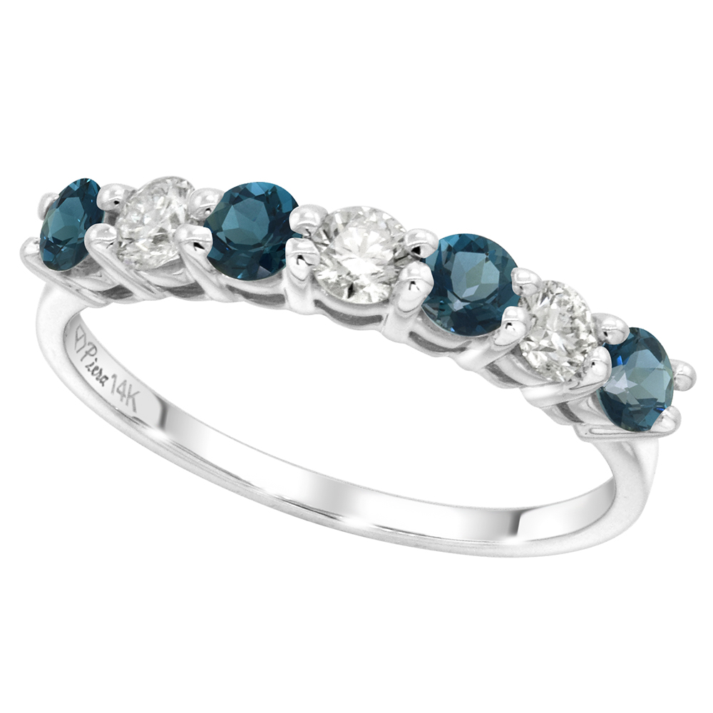 14k White Gold Genuine London Blue Topaz & Diamond 7-stone Ring Round Brilliant cut 0.35ct 3mm, size5-10