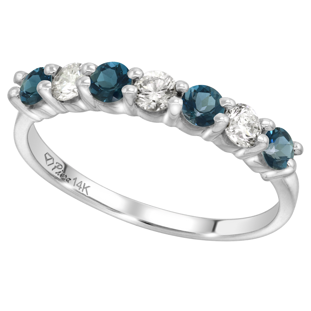 14k White Gold Genuine London Blue Topaz & Diamond 7-Stone Ring Round Brilliant cut 0.35cttw 3mm,size5-10