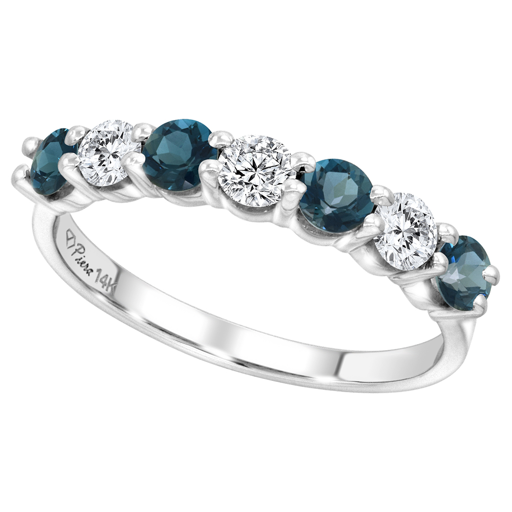 14k White Gold Genuine London Blue Topaz & Diamond 7-Stone Ring Round Brilliant cut 0.77ct 4.1mm,size5-10