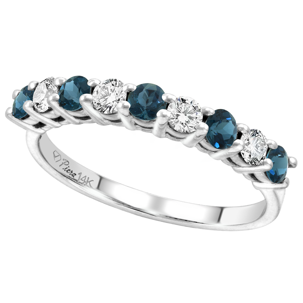 14k White Gold Diamond &Genuine London Blue Topaz 9-Stone Ring Round Brilliant cut 0.4cttw 2.8mm,size5-10