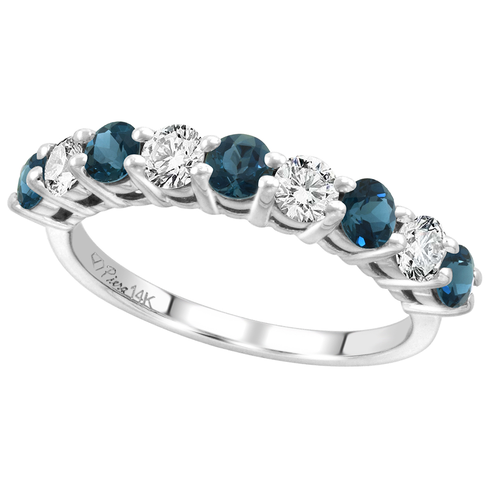 14k White Gold Diamond & Genuine London Blue Topaz 9-Stone Ring Round Brilliant cut 0.52ct 3.1mm,size5-10