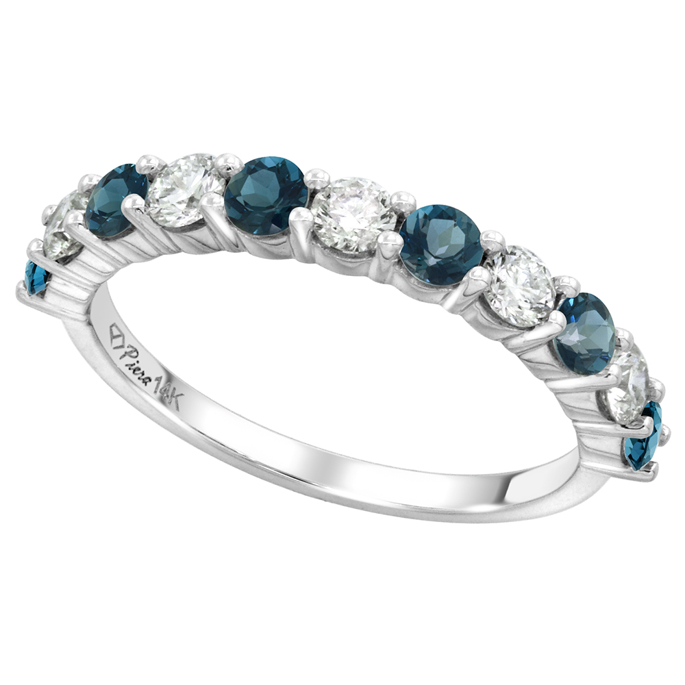 14k White Gold Genuine London Blue Topaz & Diamond 11 Stone Ring Round Brilliant cut 0.6ct3mm, size 5-10