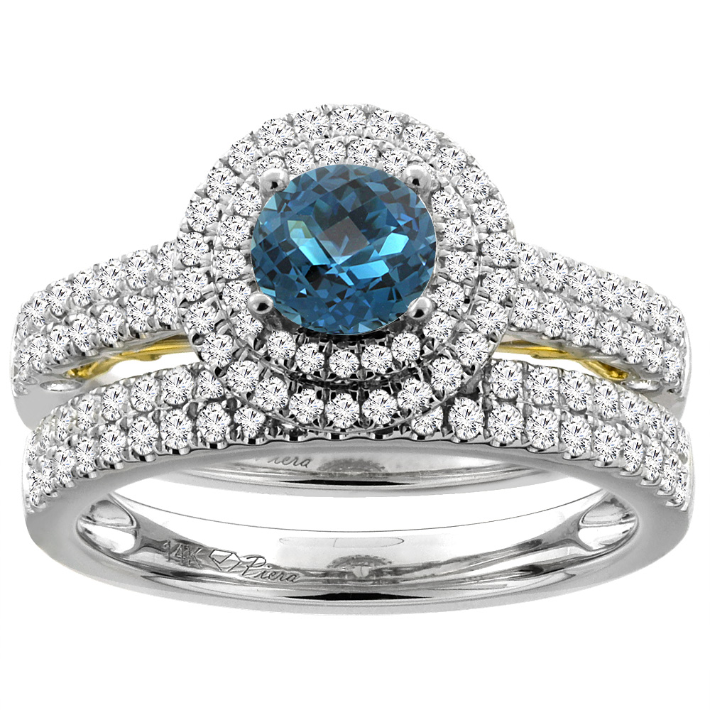 14K White Gold Diamond Natural London Blue Topaz Halo Engagement Ring Set Round 6 mm, sizes 5-10