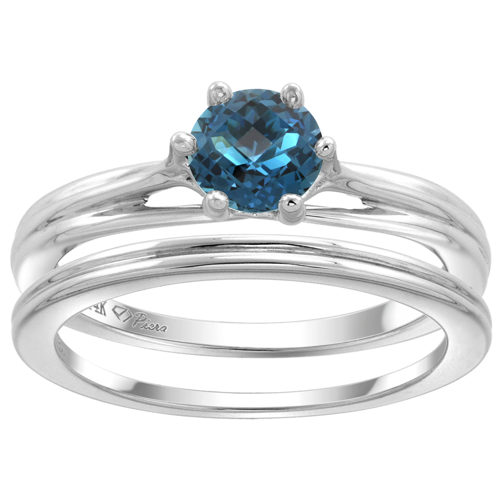 14k White Gold Genuine London Blue Topaz Solitaire Engagement 2pc Ring Set Round 6mm, size 5-10
