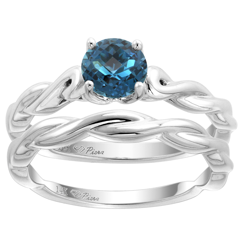 14k White Gold Genuine London BlueTopaz 2pc Solitaire Engagement Ring Set Round 6mm Twisted, size 5-10