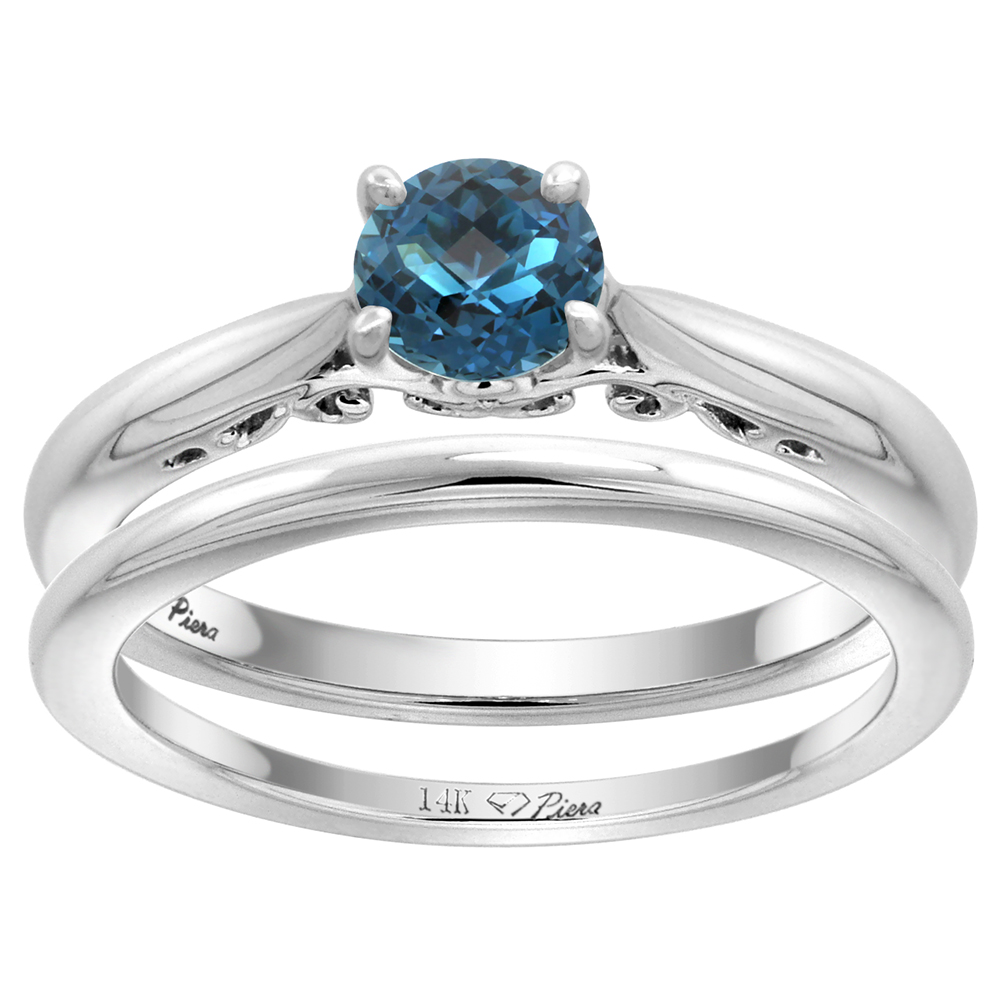 14k White Gold Genuine London Blue Topaz Solitaire Engagement 2pc Ring Set Round 6mm, size 5-10