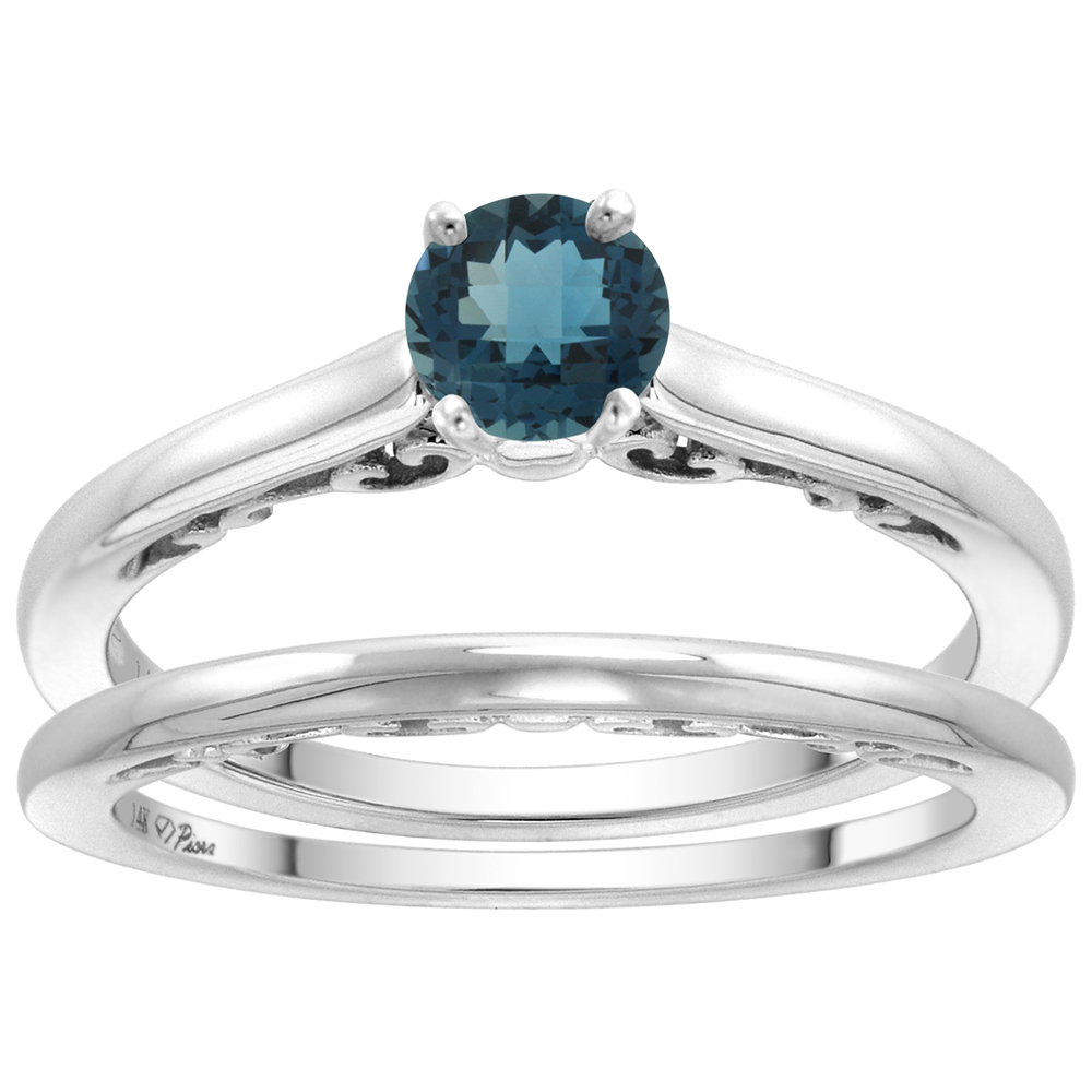 14k White Gold Genuine London Blue Topaz Solitaire Engagement 2pc Ring Set Round 4mm, size 5-10