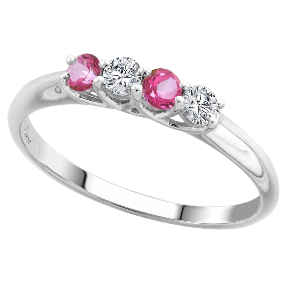 14k White Gold Genuine Pink Topaz and Diamond 4-Stone Ring Round Brilliant cut 0.17ct 2.7mm, size 5-10