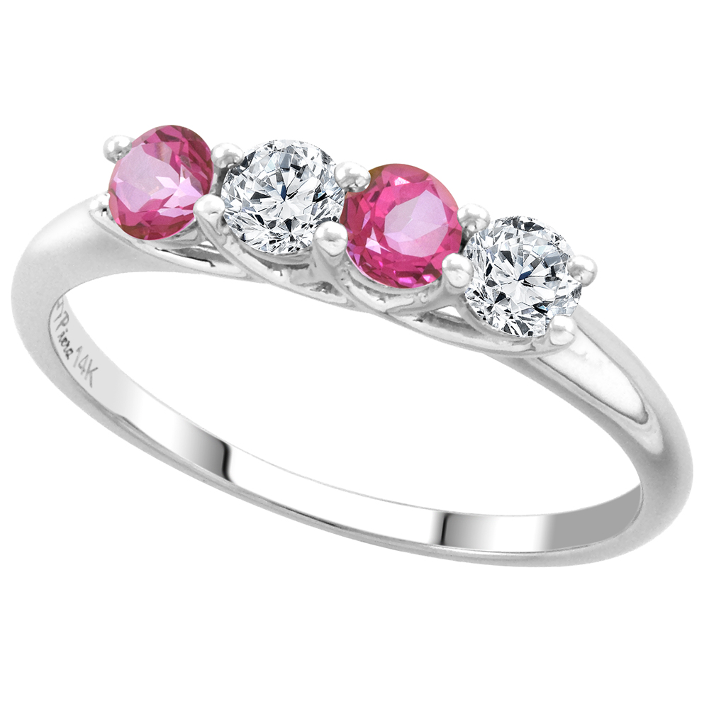 14k White Gold Genuine Pink Topaz and Diamond 4-Stone Ring Round Brilliant cut 0.28ct 3.2mm, size 5-10
