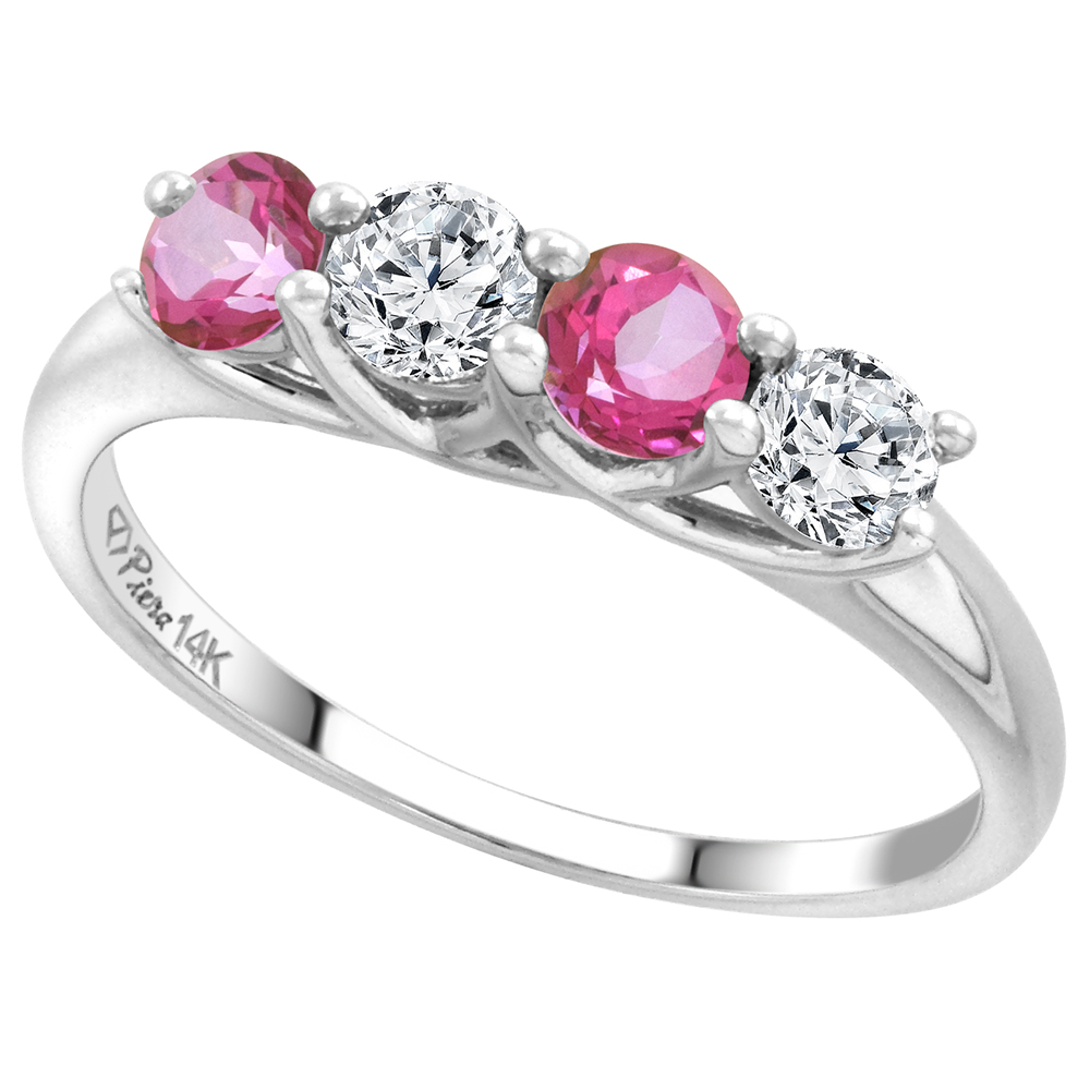 14k White Gold Genuine Pink Topaz and Diamond 4-Stone Ring Round Brilliant cut 0.4cttw 3.7mm size 5-10
