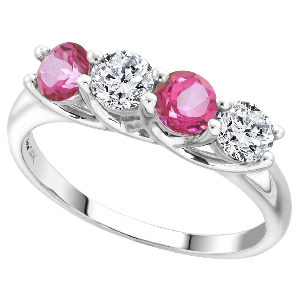 14k White Gold Genuine Pink Topaz and Diamond 4-Stone Ring Round Brilliant cut 0.5cttw 4.1mm size 5-10