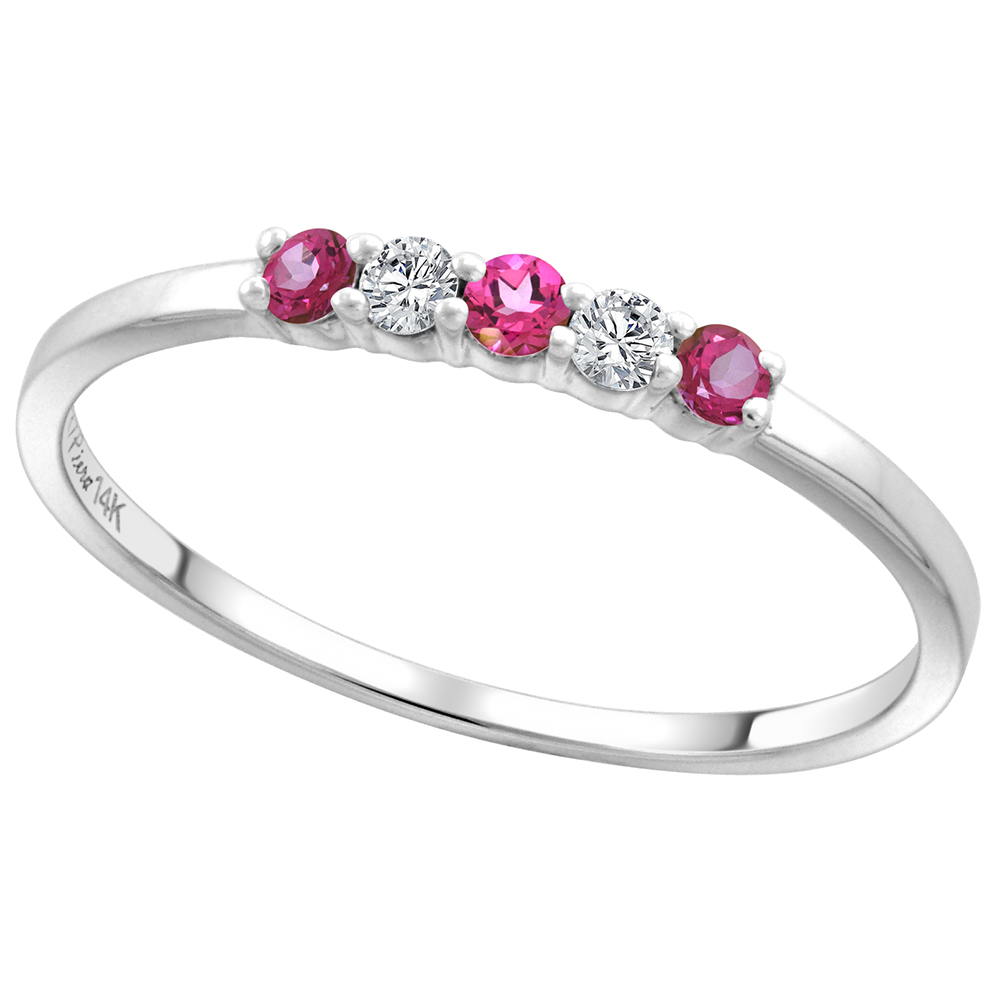 14k White Gold Genuine Pink Topaz and Diamond 5-Stone Ring Round Brilliant cut 0.08cttw 2mm, size 5-10