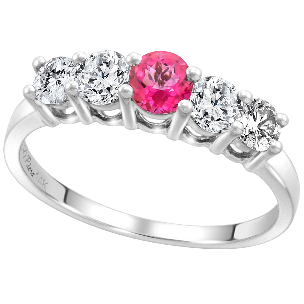 14k White Gold 0.6ct Diamond & Genuine Pink Topaz 5-Stone Ring Round Brilliant cut 4mm, size 5-10