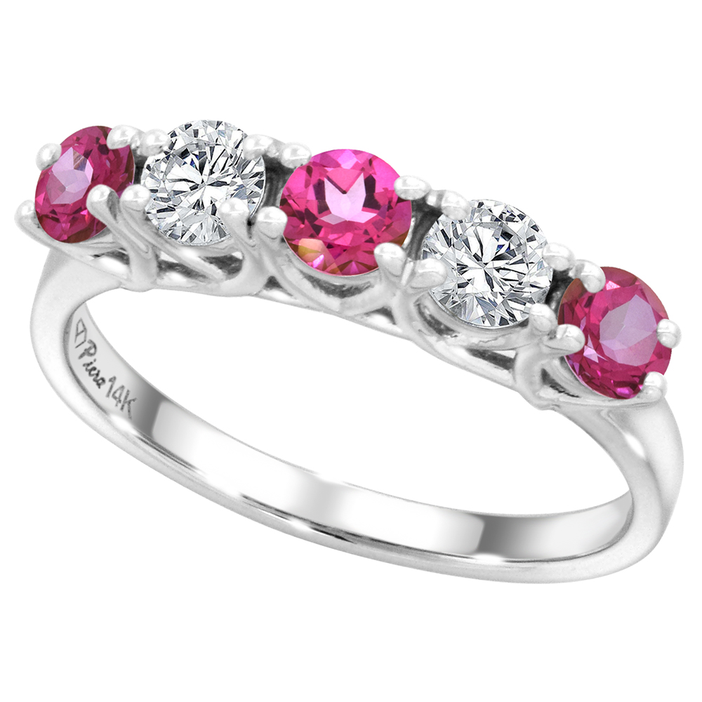14k White Gold Genuine Pink Topaz and Diamond 5-Stone Ring Round Brilliant cut 0.4ct 3.7mm, size 5-10