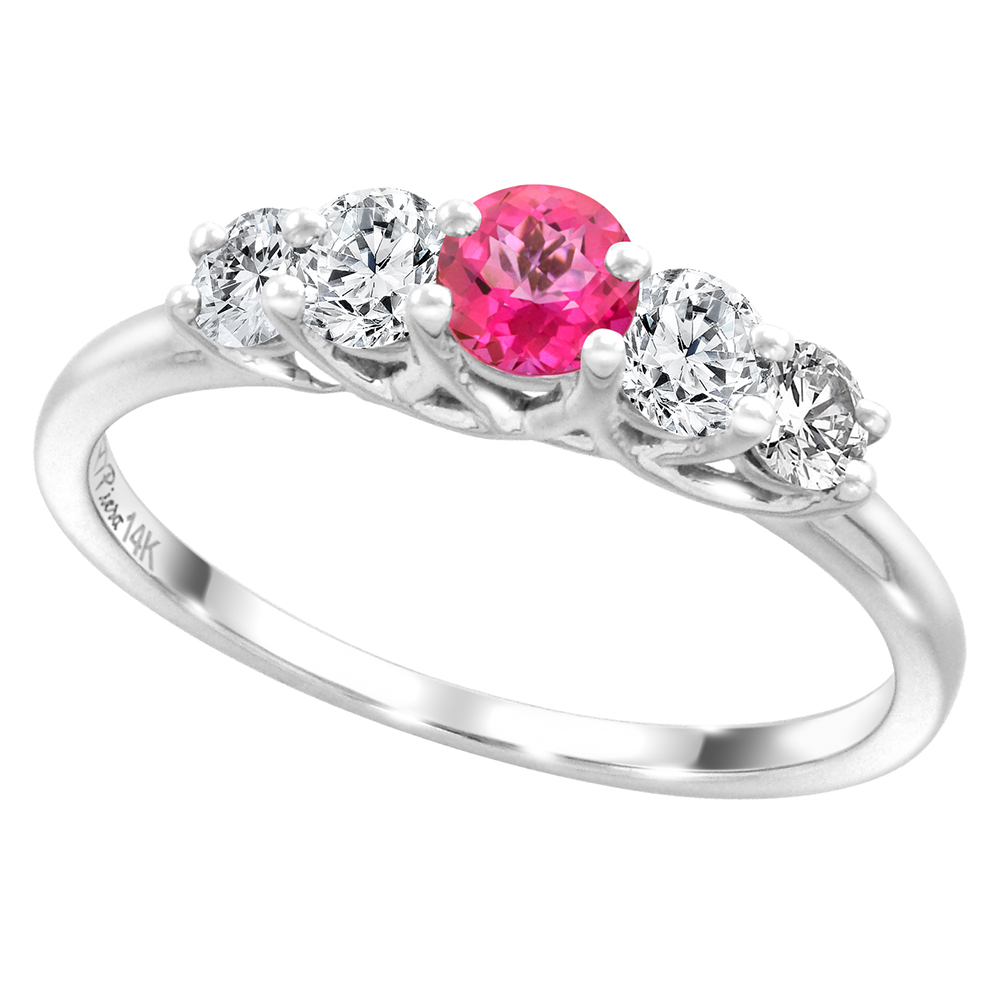 14k White Gold 0.4ct Diamond & Genuine Pink Topaz 5-Stone Ring Round Brilliant cut 3.6mm, size 5-10