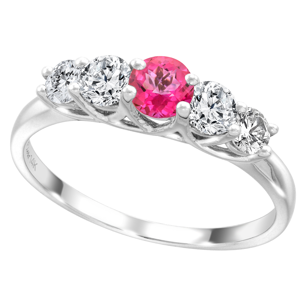 14k White Gold 0.6ct Diamond & Genuine Pink Topaz 5-Stone Ring Round Brilliant cut 3.8mm, size 5-10