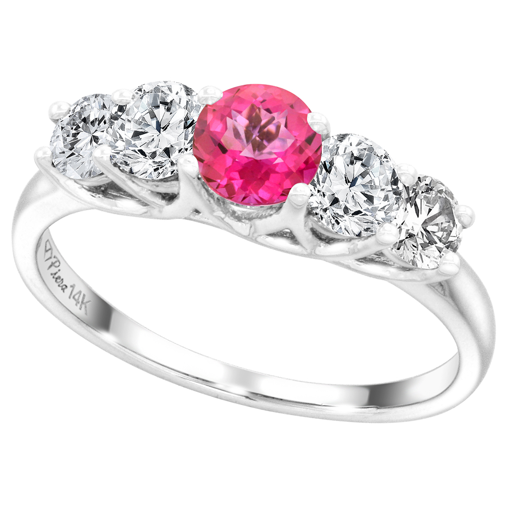 14k White Gold 0.7ct Diamond & Genuine Pink Topaz 5-Stone Ring Round Briliant cut 4.8mm, size 5-10