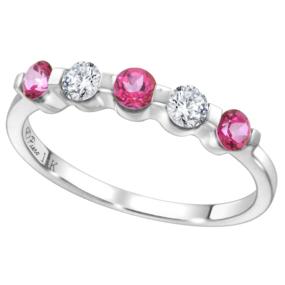 14k White Gold 0.23ct Diamond & Genuine Pink Topaz 5-Stone Ring Round Brilliant cut 3mm, size 5-10