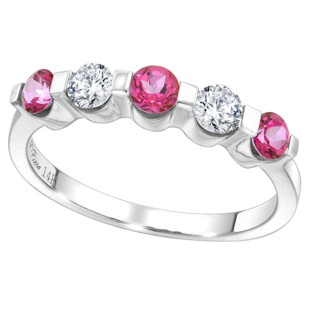 14k White Gold 0.33ct Diamond & Genuine Pink Topaz 5-Stone Ring Round Brilliant cut 3.4mm, size 5-10