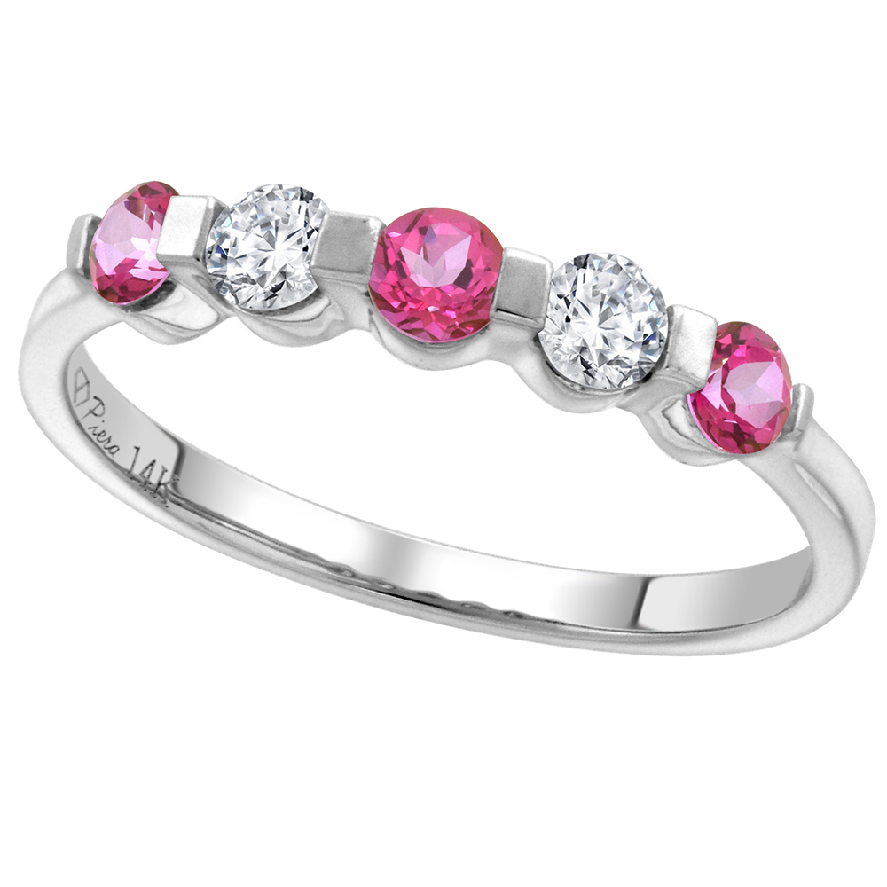 14k White Gold 0.23ct Diamond & Genuine Pink Topaz 5-Stone Ring Round Brilliant cut 3mm, size 5-10