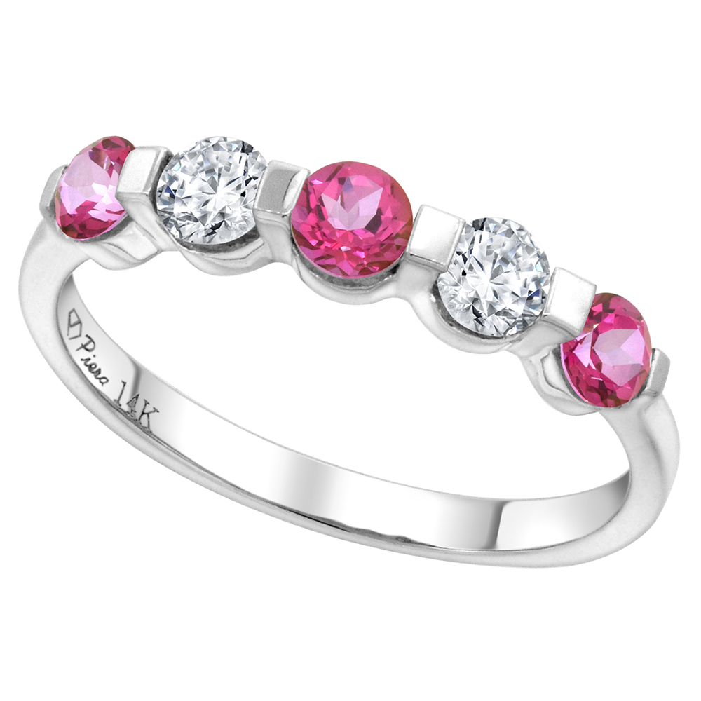 14k White Gold 0.33ct Diamond & Genuine Pink Topaz 5-Stone Ring Round Brilliant cut 3.4mm, size 5-10