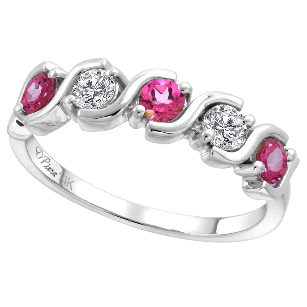 14k White Gold 5-Stone Diamond & Genuine Pink Topaz Ring Round Brilliant cut 0.23 cttw 3mm, size 5-10