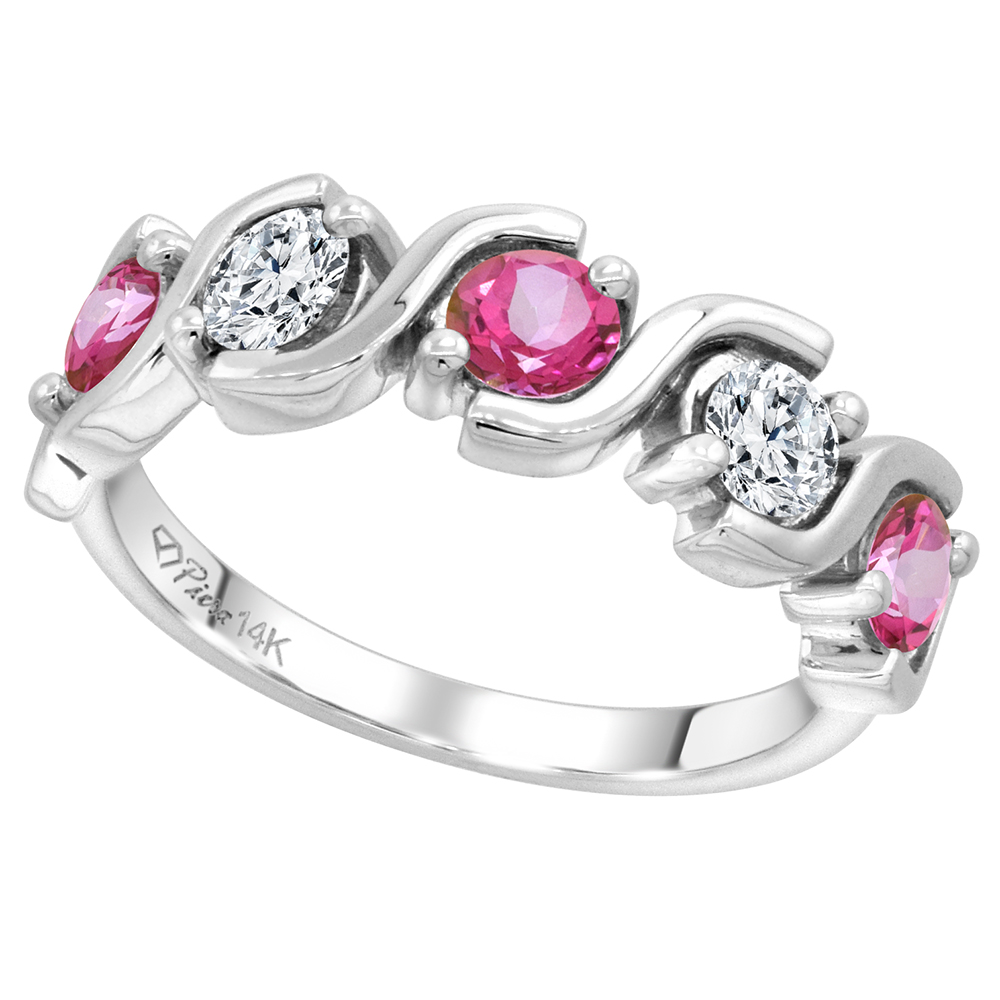 14k White Gold 5-Stone Genuine Pink Topaz and Diamond Ring Round Brilliant cut 0.4ct 3.7mm, size 5-10