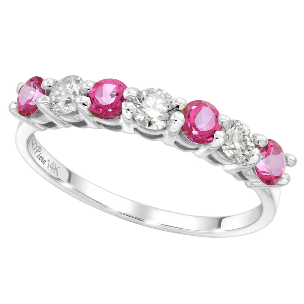 14k White Gold Genuine Pink Topaz and Diamond 7-stone Ring Round Brilliant cut 0.35ct 3mm, size 5-10
