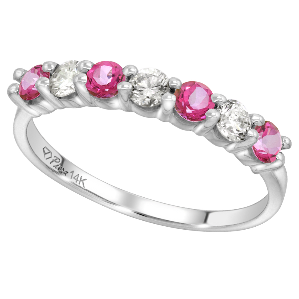 14k White Gold Genuine Pink Topaz and Diamond 7-Stone Ring Round Brilliant cut 0.35cttw 3mm, size 5-10